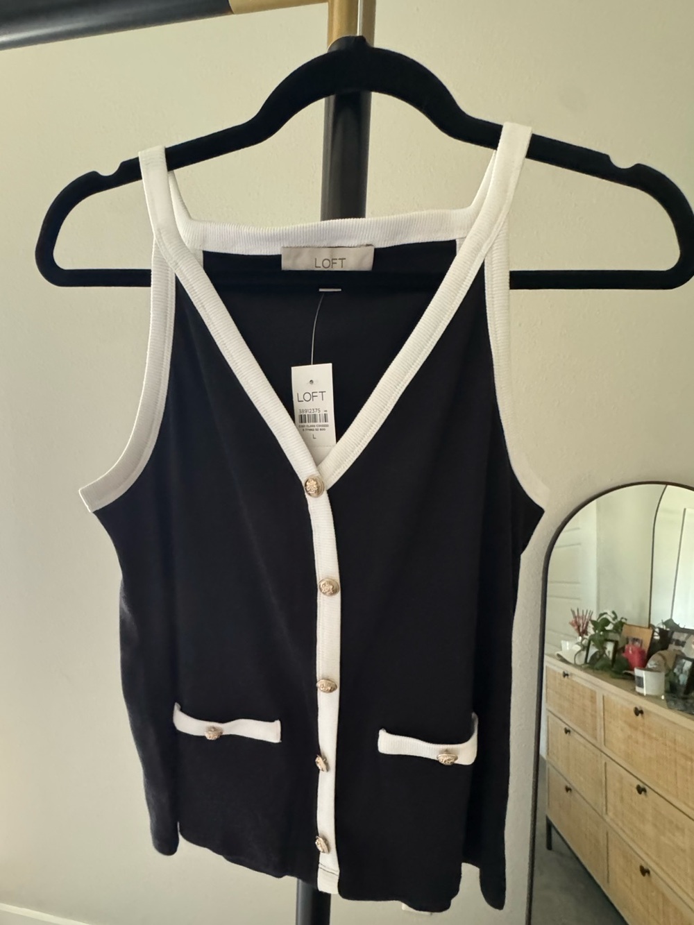 LOFT Black Tank with White Trim and Gold Buttons